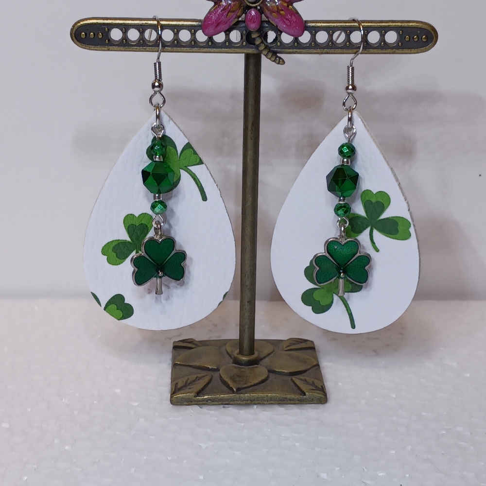 St. Patrick's day Earrings, New, Lt. wt vinyl tear drop, Crystal & charm dangle